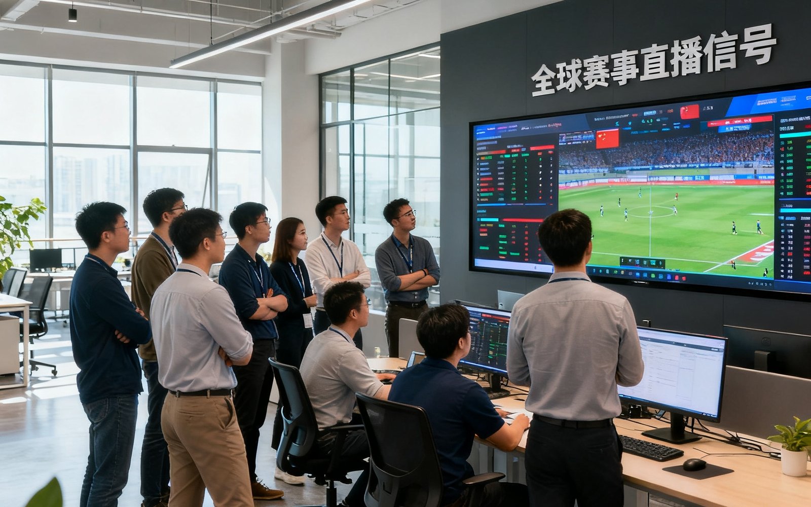 看球通北京总部开放式办公区，数十名工程师和数据科学家在大屏幕前分析赛事数据，墙上显示着全球赛事直播信号